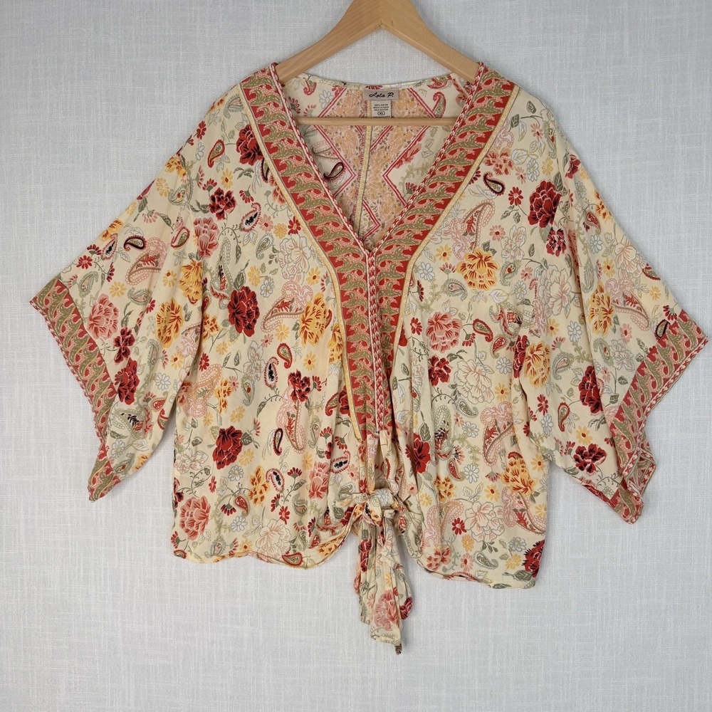 Lola P Boho Paisley Floral Kimono Sleeve Tie Front Top Cream Red V Neck XL